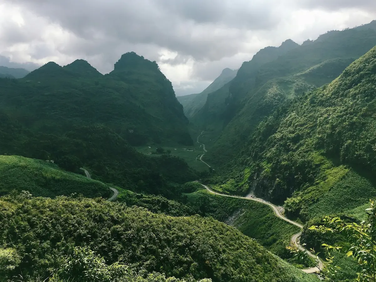 Grüne Karstgipfel und eine Straße durch das Tal in Ha Giang